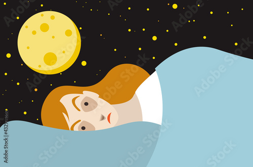 Woman sleeping problems, nightmare, insomnia symptoms. Flat illustration with full moon.