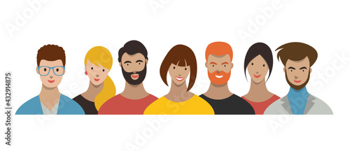 Group of people. Business, teamwork, friends, students, colleagues. Various type of women and men faces, avatars. Vector.