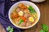 Bakso is an Indonesian meatball or a meat paste made from beef surimi. The word bakso may refer to a single meatball or the complete dish of meatball soup.