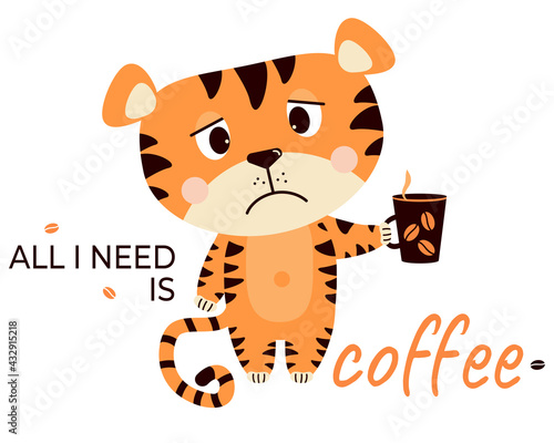 Fototapeta Sad, upset, Grumpy tiger with a cup of coffee