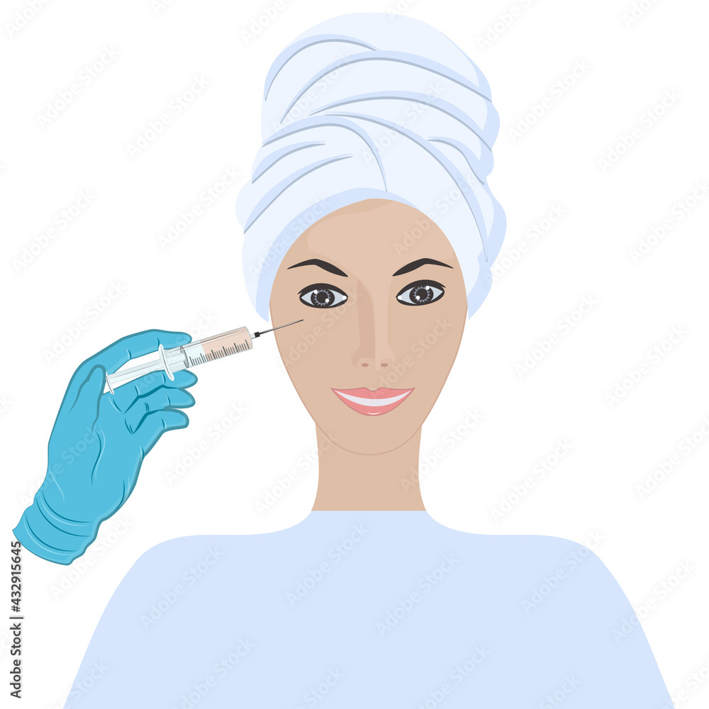 Woman makes an injection on her face, hand with a syringe - vector ...