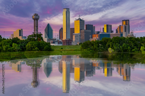 Dallas  Texas skyline with reflection on Trinity River 