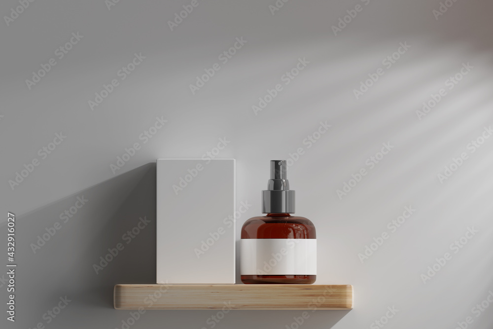 Isolated Amber Glass Cosmetic Spray Bottle and Box 3D Rendering Isolated Amber Glass Cosmetic Spray Bottle and Box 3D Rendering