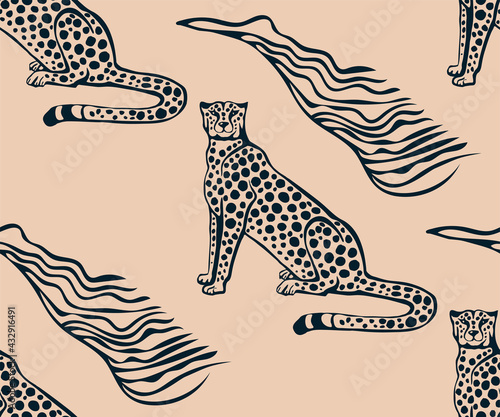 Vector background hand drawn exotic wild cat cheetah. Hand drawn ink illustration. Modern ornamental decorative background. Print for textile, cloth, wallpaper, scrapbooking