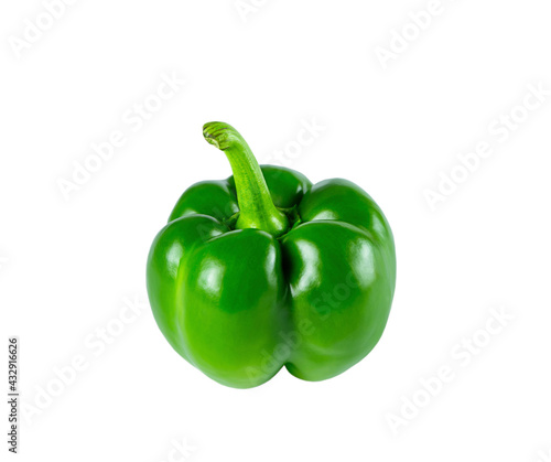 One green bell pepper close up isolated on white background.