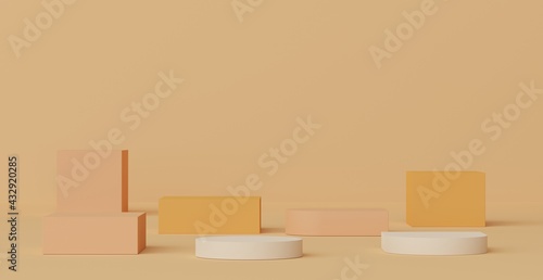 3d render of Abstract minimal  display podium for showing products, cosmetic presentation and mock up. Showcase scene with pastel earth tone background. Illuminated simple geometric shapes. © TANATPON
