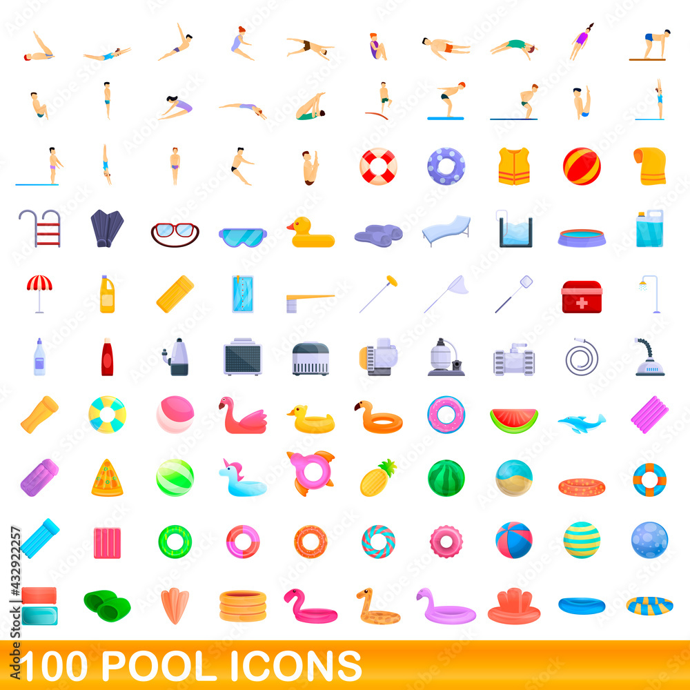 100 pool icons set. Cartoon illustration of 100 pool icons vector set isolated on white background 100 pool icons set. Cartoon illustration of 100 pool icons vector set isolated on white background