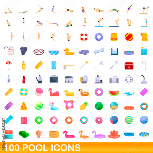 100 pool icons set. Cartoon illustration of 100 pool icons vector set isolated on white background