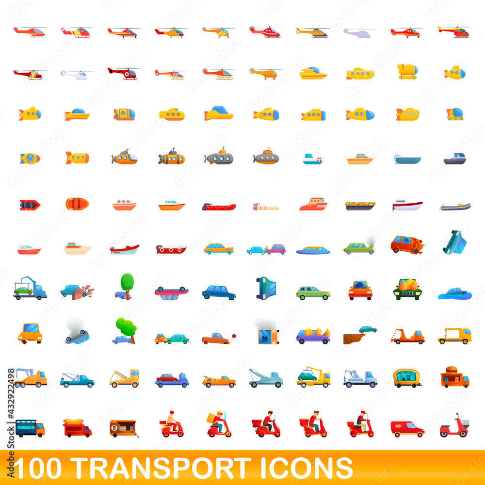 100 transport icons set. Cartoon illustration of 100 transport icons vector set isolated on white background 100 transport icons set. Cartoon illustration of 100 transport icons vector set isolated on white background