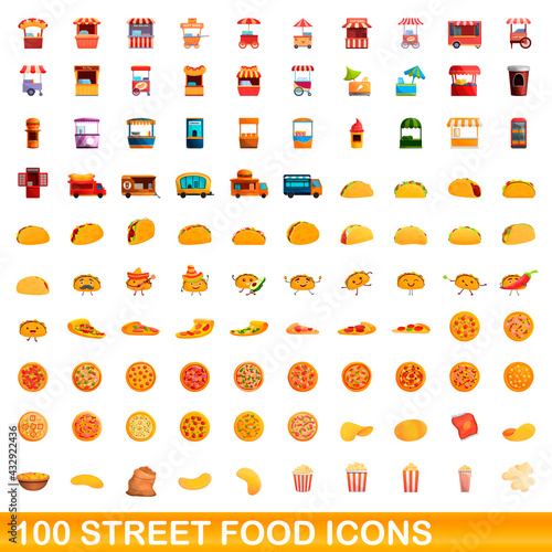 100 street food icons set. Cartoon illustration of 100 street food icons vector set isolated on white background photo