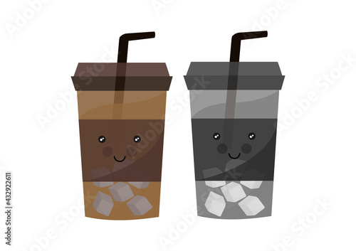 cold coffee illustration with black coffee and coffee latte design with cute and adorable face