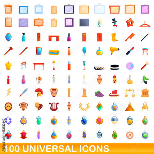 100 universal icons set. Cartoon illustration of 100 universal icons vector set isolated on white background