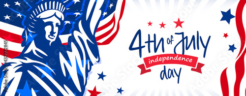 4th of July, USA, United States of America independence day celebration design on the trendy USA waving flag and statue of liberty background. 