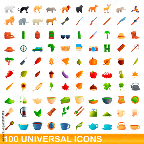 100 universal icons set. Cartoon illustration of 100 universal icons vector set isolated on white background