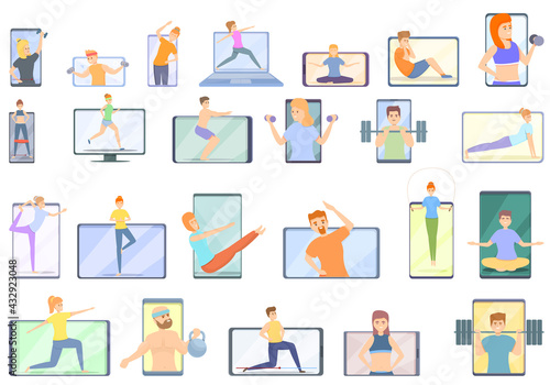 Fitness blog icons set. Cartoon set of fitness blog vector icons for web design