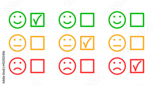 A set of marks with different answers and reactions of emoticons. Assessment method. Voting, test, answer or poll concept. Vector illustration