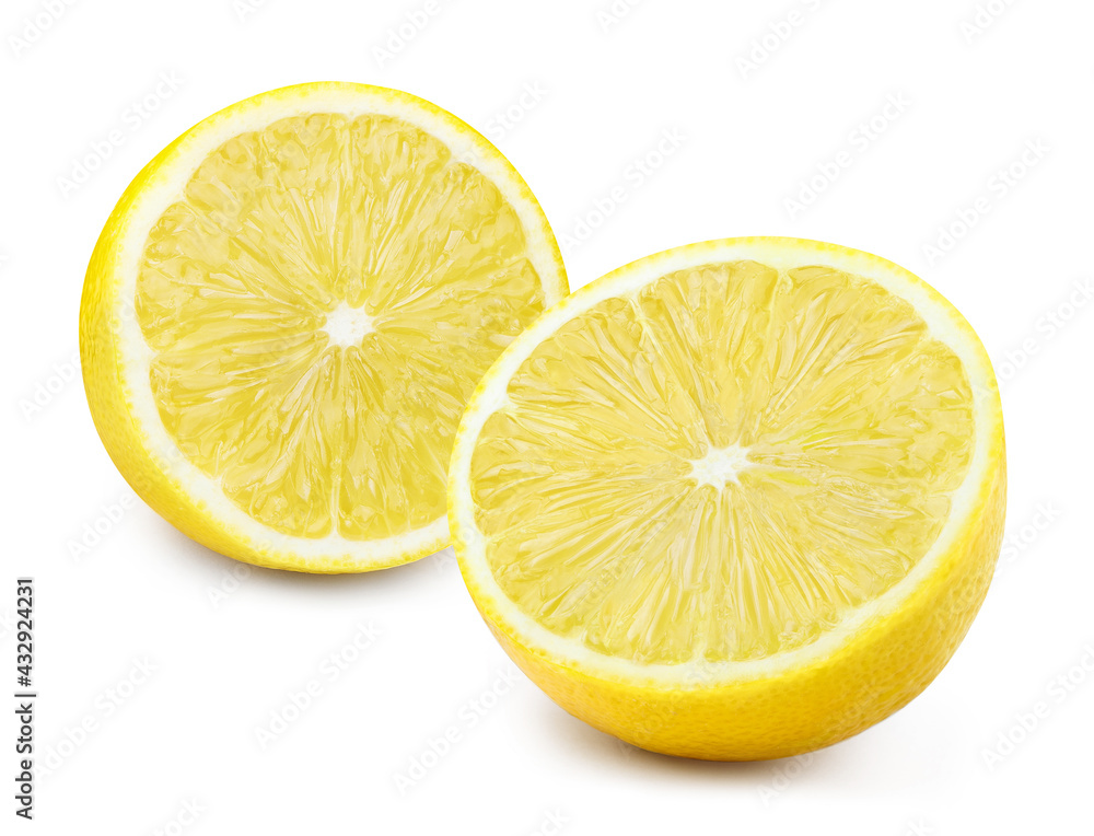 Two halves of delicious lemon fruit, isolated on white background