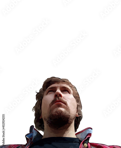 Realistic portrait of a young man with long hair, beard and mustache on a white background. Raster illustration, isolated. Digital painting. The concept of surveillance, search, spy. Copy space.