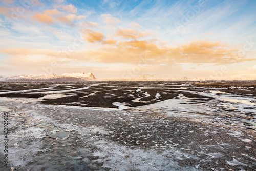 South Iceland Route 1 road snowy Winter during sunset.