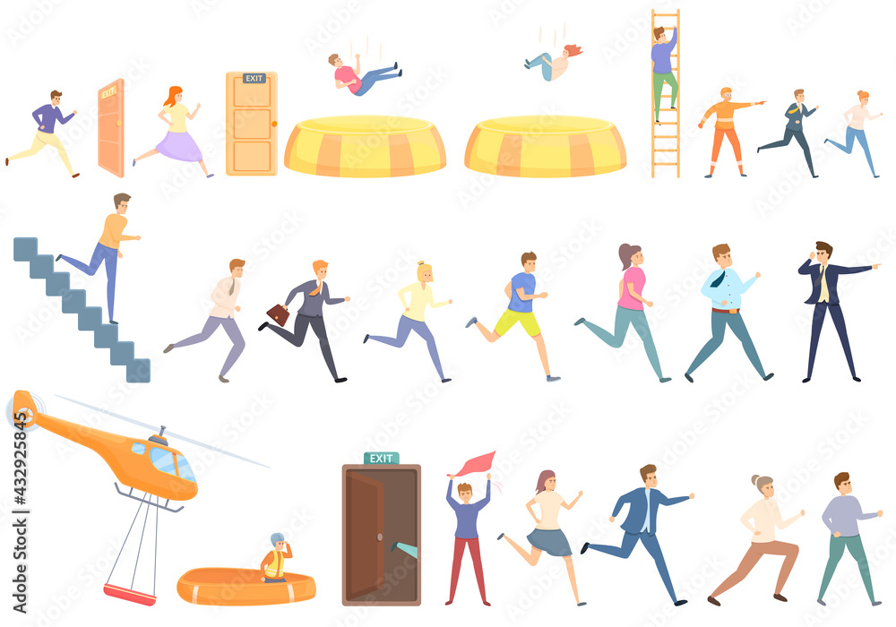 Human evacuation icons set. Cartoon set of human evacuation vector icons for web design
