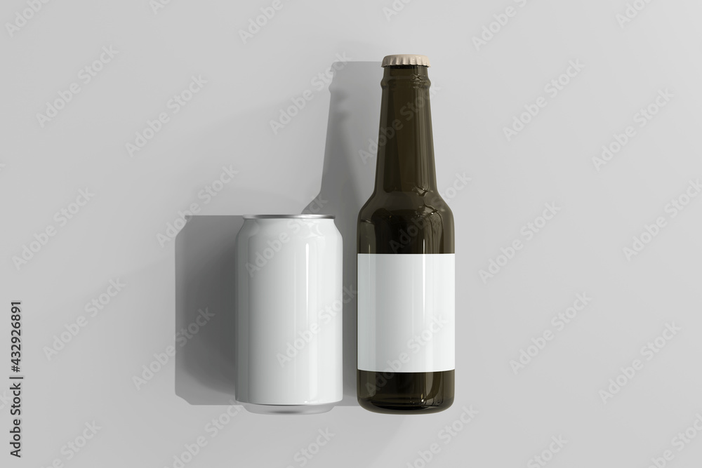 330ml Medium Size Soda or Beer Can and Bottle 3D Rendering 330ml Medium Size Soda or Beer Can and Bottle 3D Rendering