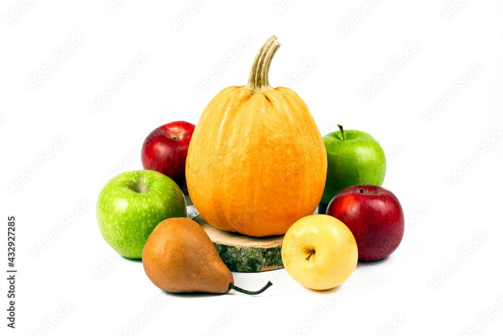 Pumpkin, pear and various color apples isolated on white background. Natural and organic production concept. Part of set.