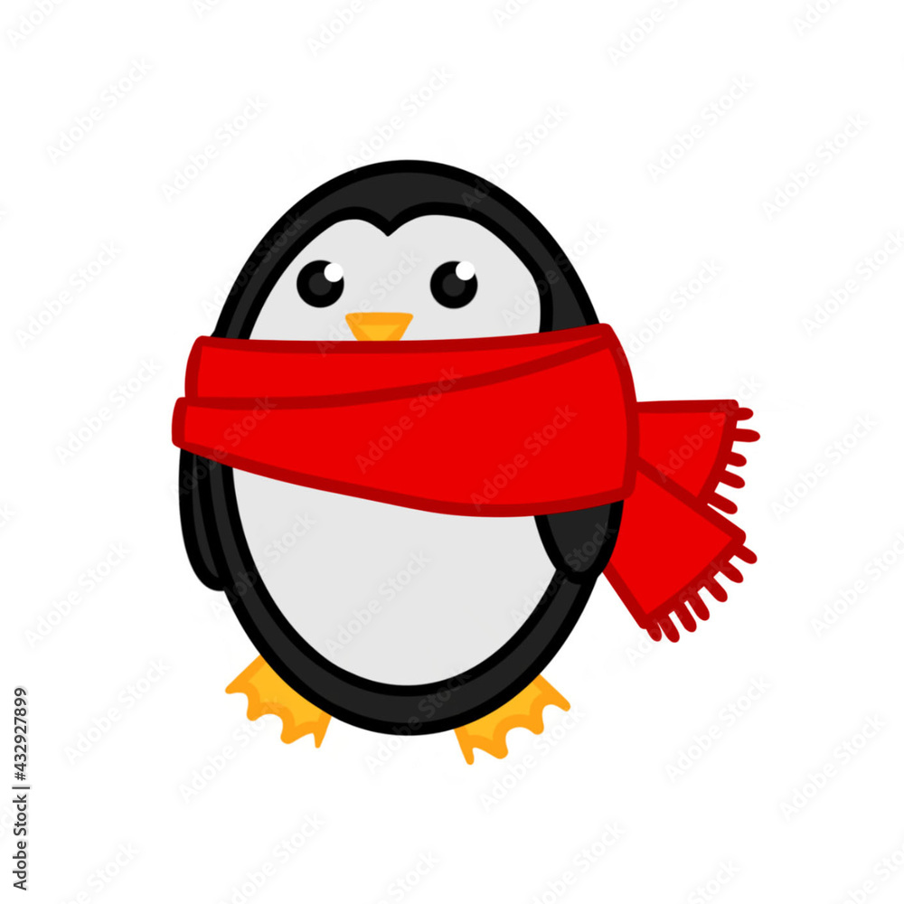 Fototapeta premium Cute penguin in a red scarf on a white background. Vector illustration. Design element for poster label sign emblem menu.