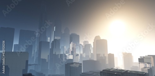 City at dawn, Skyscrapers, high-rise modern buildings, cityscape, 3D rendering