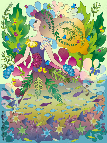 Girl Nature Fantasy clipart. Fantastic world with underwater and fishes. Butterfly and plants harmony © Liza