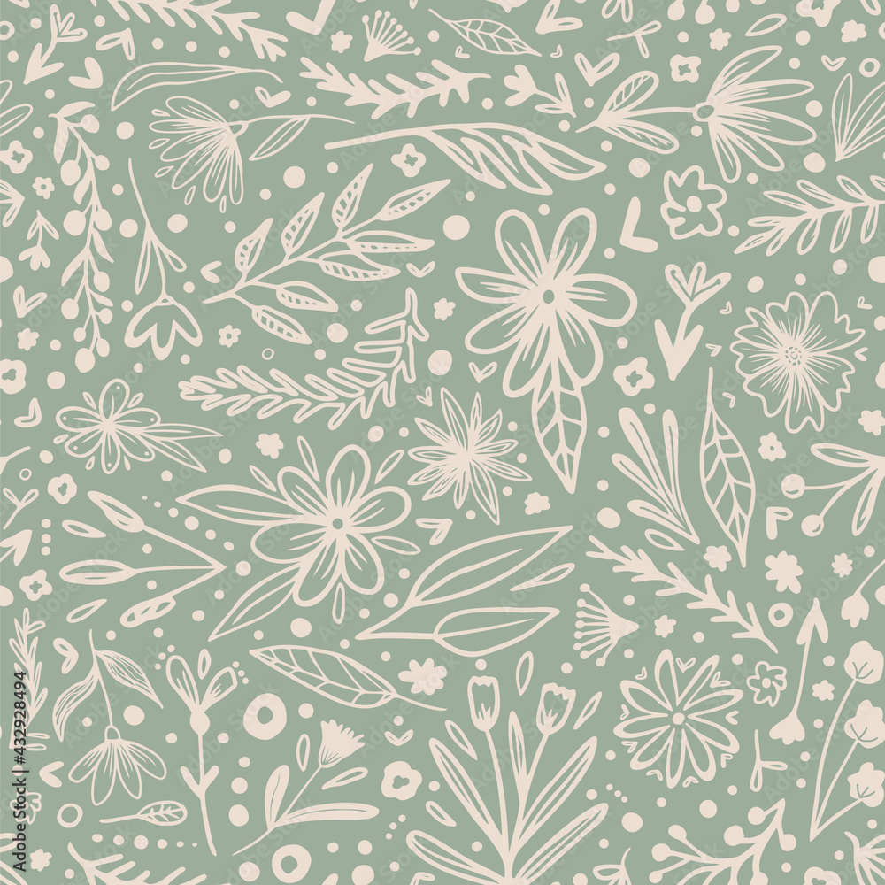 Doodled vector botany elements seamless pattern. Different plants like flowers, branches, leaves, berries, hearts and dots random placed all over print on sage green background. Doodled vector botany elements seamless pattern. Different plants like flowers, branches, leaves, berries, hearts and dots random placed all over print on sage green background.
