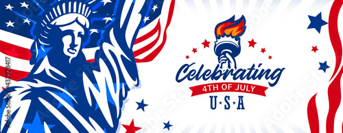 Celebrating USA independence day, 4th of July with a statue of liberty on the trendy USA waving flag and statue of liberty background.
