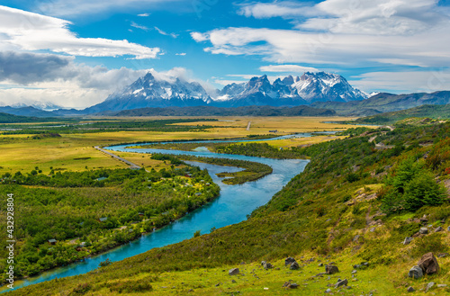 Landscape of the Cuernos and Torres del Paine peaks with Serrano river in spring, Torres del Paine national park, Patagonia, Chile. © SL-Photography