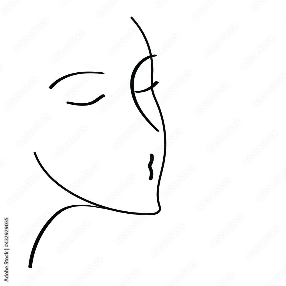 Fototapeta premium Vector graphics-contour drawing with a black thick line of a beautiful female young face close-up with closed eyes on a white background isolated. Concept beauty salon