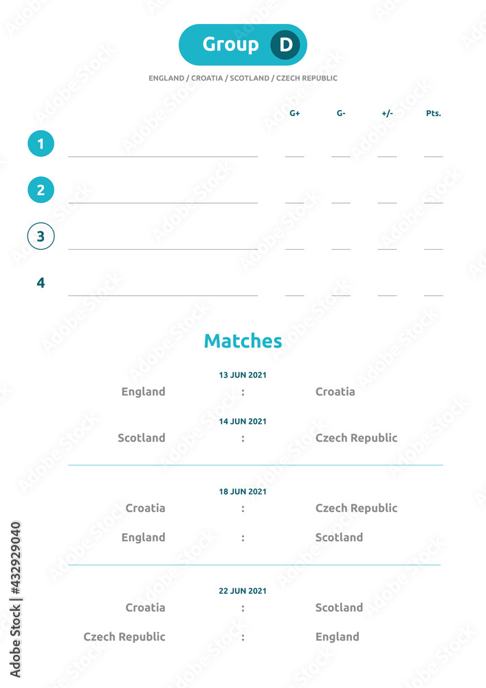 European football 2020 tournament. Group A, B, C, D, E, F vector stock illustration. 2020 European soccer tournament. The table to be printed and completed European football 2020 tournament. Group A, B, C, D, E, F vector stock illustration. 2020 European soccer tournament. The table to be printed and completed