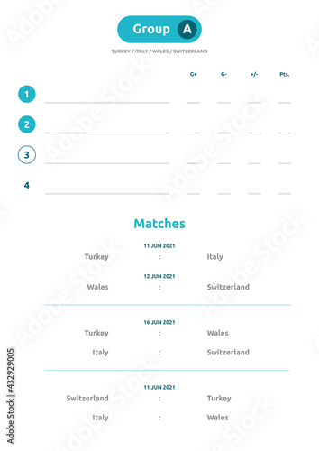 European football 2020 tournament. Group A, B, C, D, E, F vector stock illustration. 2020 European soccer tournament. The table to be printed and completed
