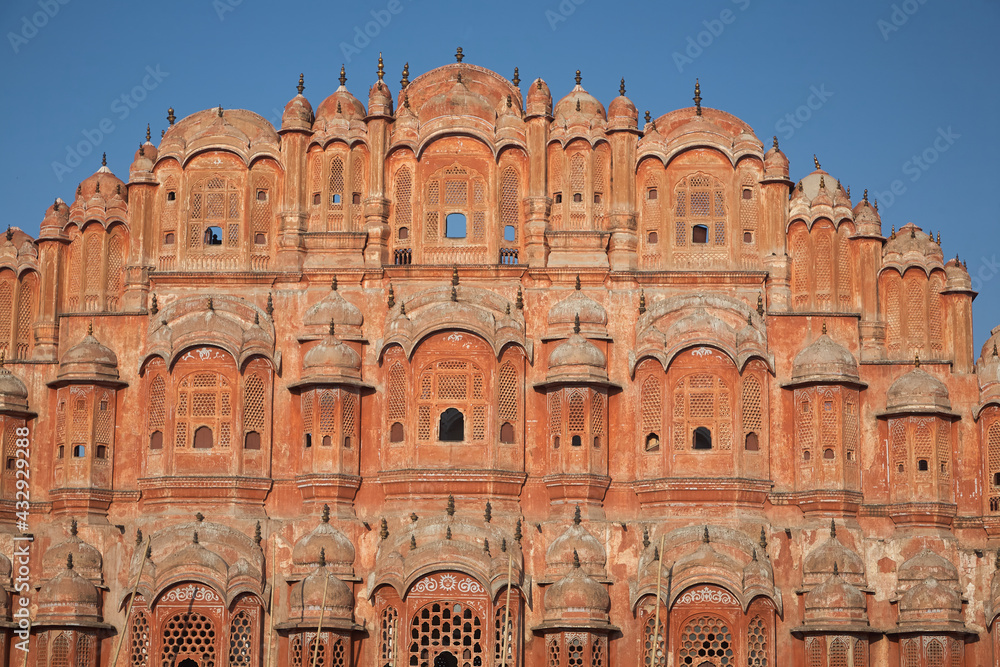 Hawa Mahal is an architecturally exceptional structure in the old city of Jaipur, Rajasthan; it is a part of the huge city palace of the local Maharajas. Day. Slightly top shot.