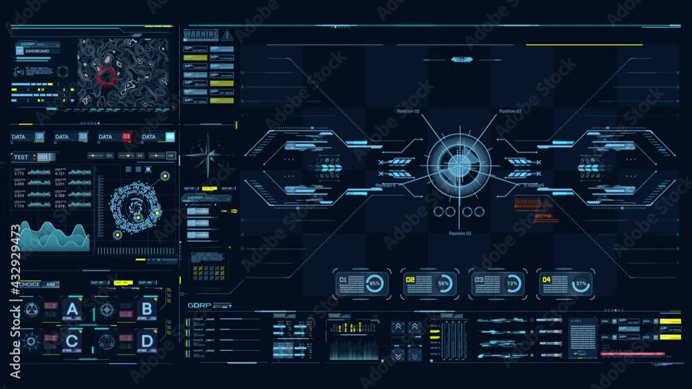 Advance HUD control center. Graphic Dashboard Head-up display and Futuristic User Interface GUI, UI. FUI. Virtual reality game screen interface template, mockup. Spyware app for tracking GPS. 