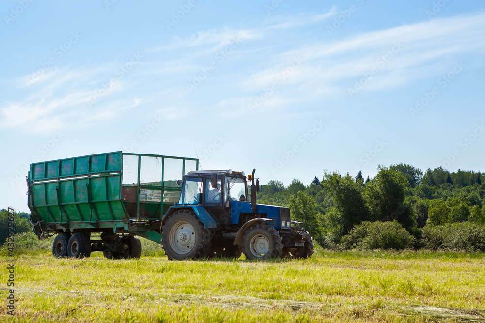 Obraz premium Tractor with a trailer in the field for agricultural work. Hay making, grassland. General plan, Copy space.