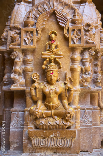 Chandraprabhu Jain Temple inside the Jaisalmer fort. Day. Jainism believes that universe and all its substances or entities are eternal. It has no beginning or end with respect to time. 