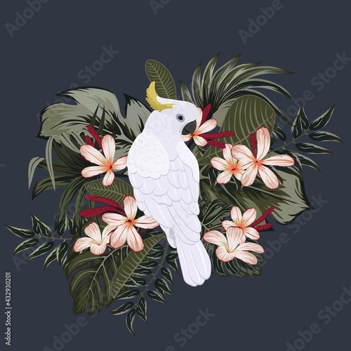 Tropical vintage palm leaves, banana leaves, cockatoo parrot, pattern black background. Exotic jungle wallpaper.