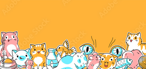 Background with cute kawaii cats. Fun animal illustration.