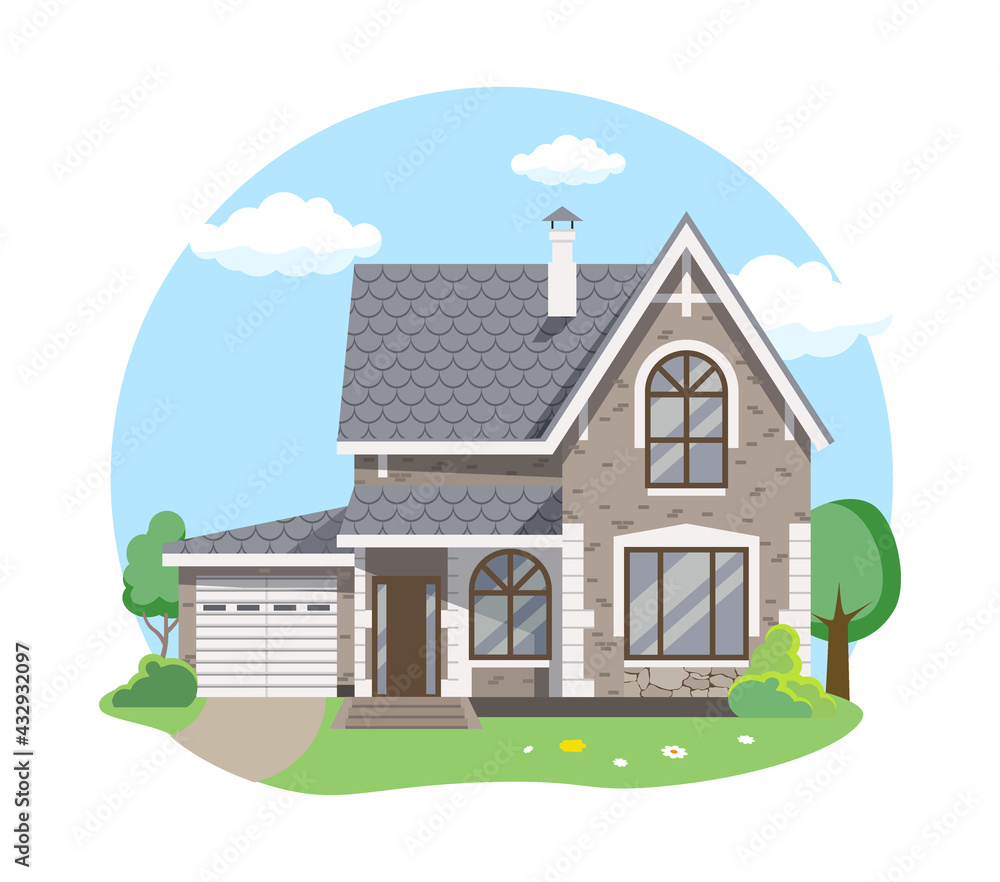 Cartoon house exterior with blue clouded sky Front Home Architecture Concept Flat Design Style. Vector illustration of Facade Building