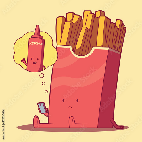 French Fries daydreaming vector illustration. Food, imagination, funny design concept.