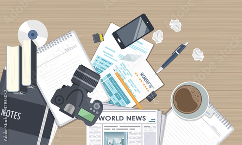 Journalism. Camera and photos. Mass media, television, interview, breaking news, press conference concept. Flat vector