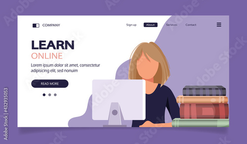 Concept illustration of online courses, distance studying, self education, digital library. E-learning banner. Online education. Vector illustration in flat style