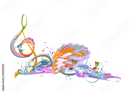 Abstract musical design with a treble clef and colorful splashes, notes and waves. Colorful treble clef. Hand drawn vector illustration.