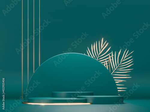Round pedestals, green cylinder, gold palm leaves - 3d render illustration. Sculptural composition for creative advertising. Empty podium, base for product promotion. Luxury dark royal mockup