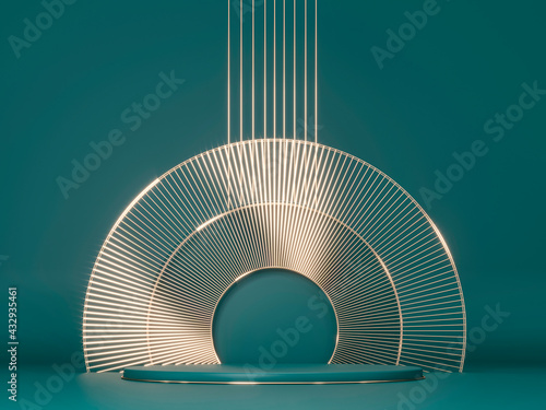 Round pedestals, green cylinder, gold decor - 3d render illustration. Sculptural composition for creative advertising. Empty podium, base for product promotion. Luxury dark royal mockup