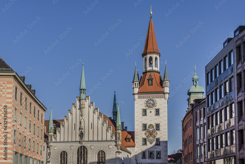 Old Town Hall (Altes Rathaus, 1470 - 1480) building at Marienplatz square in Munich. Munich is the capital and largest city of the German state of Bavaria.