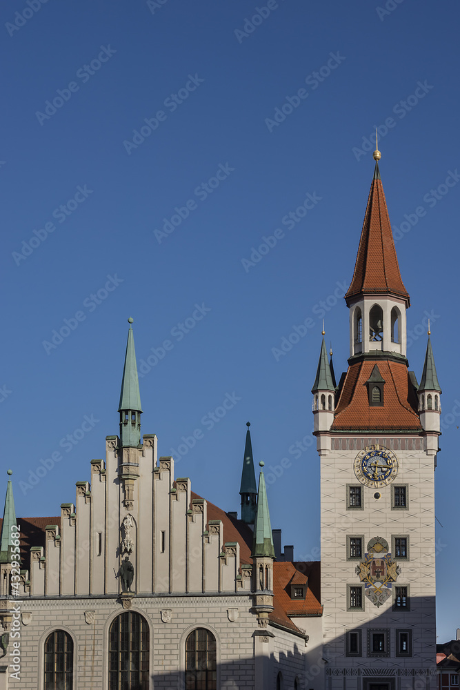 Old Town Hall (Altes Rathaus, 1470 - 1480) building at Marienplatz square in Munich. Munich is the capital and largest city of the German state of Bavaria.